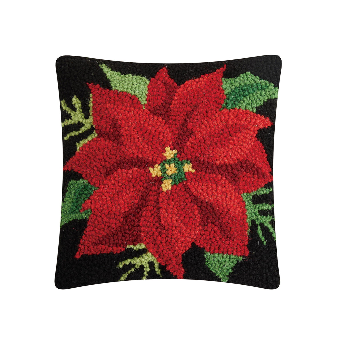 Red on Black Poinsettia Hooked Wool Christmas Throw Pillow, 10x10 inch, front view