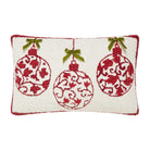Red Ornaments with Real Bow Hooked Wool Christmas Throw Pillow, 12x20 inch, front view