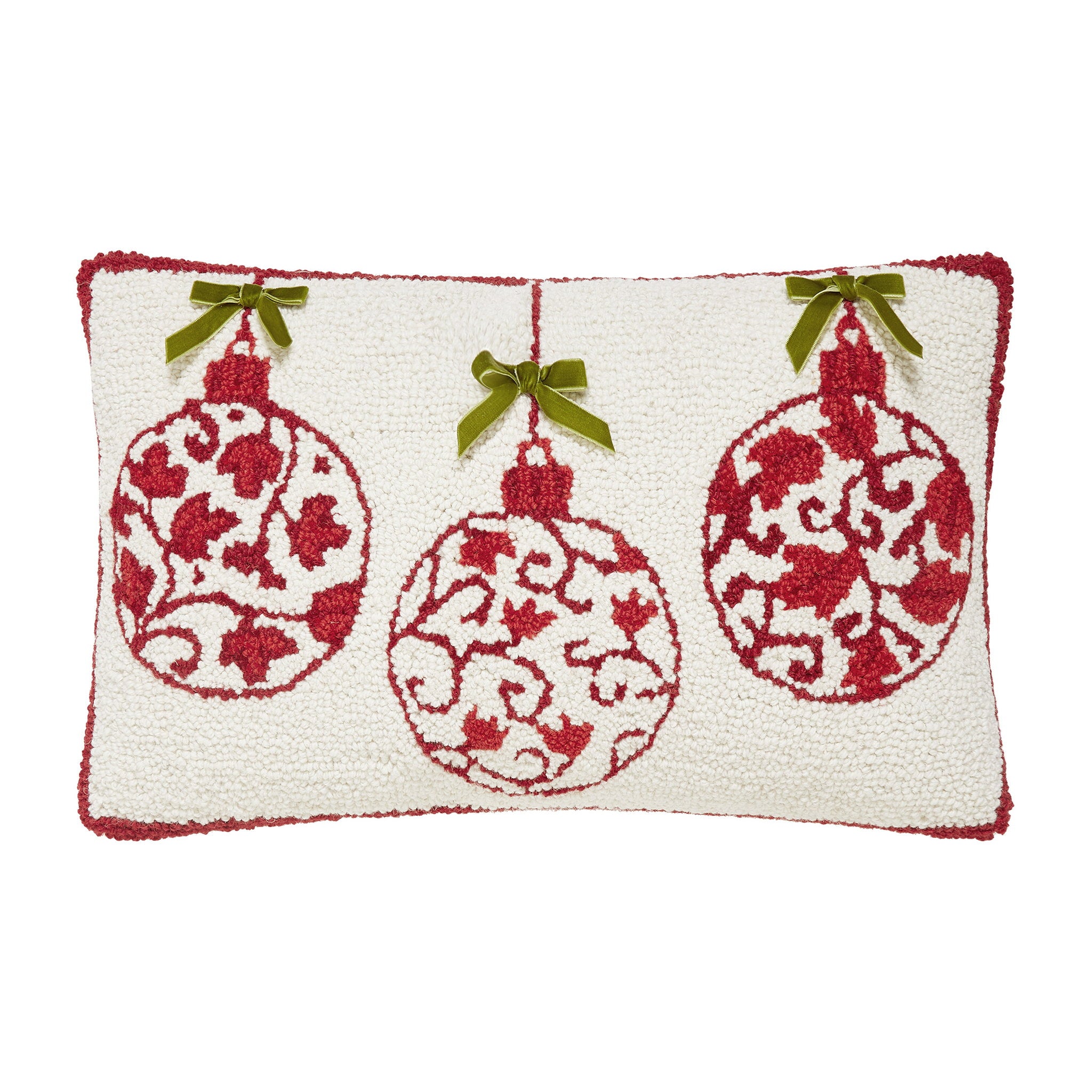 Red Ornaments with Real Bow Hooked Wool Christmas Throw Pillow, 12x20 inch, front view