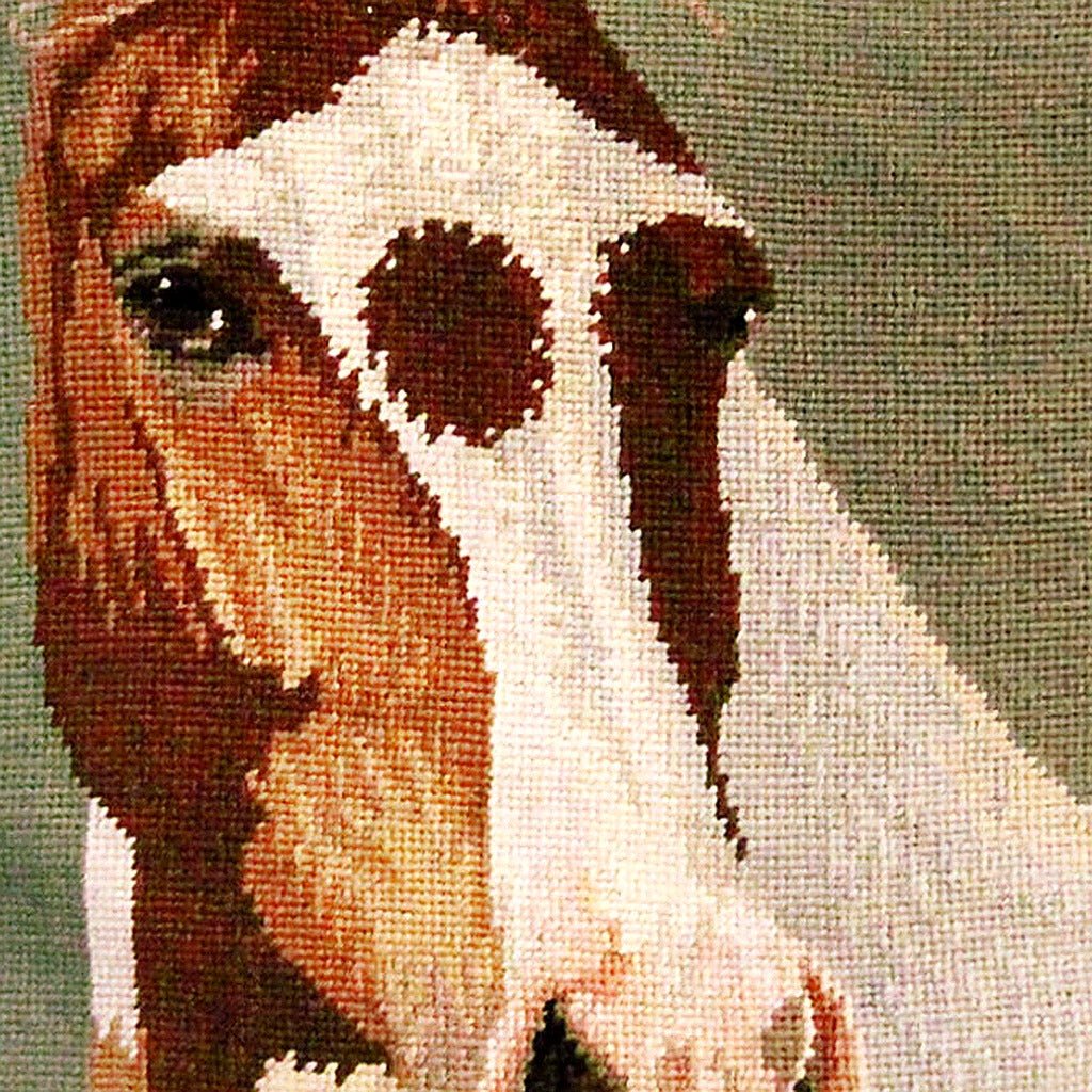 Hand-stitched wool detail of Red Paint Equestrian Horse needlepoint pillow showing intricate weave pattern and texture