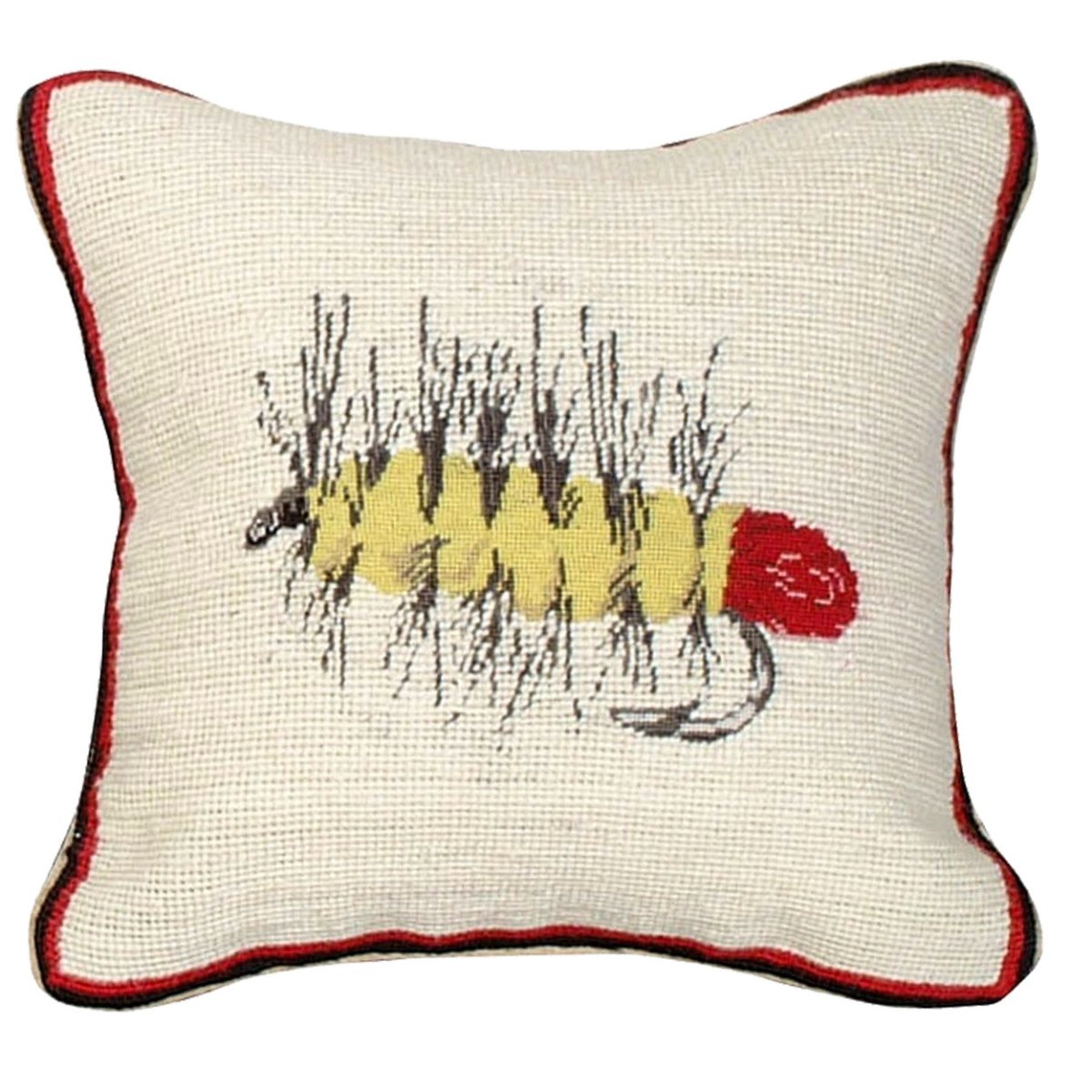 Red Palmer Fly Fishing needlepoint throw pillow with aquatic fishing design