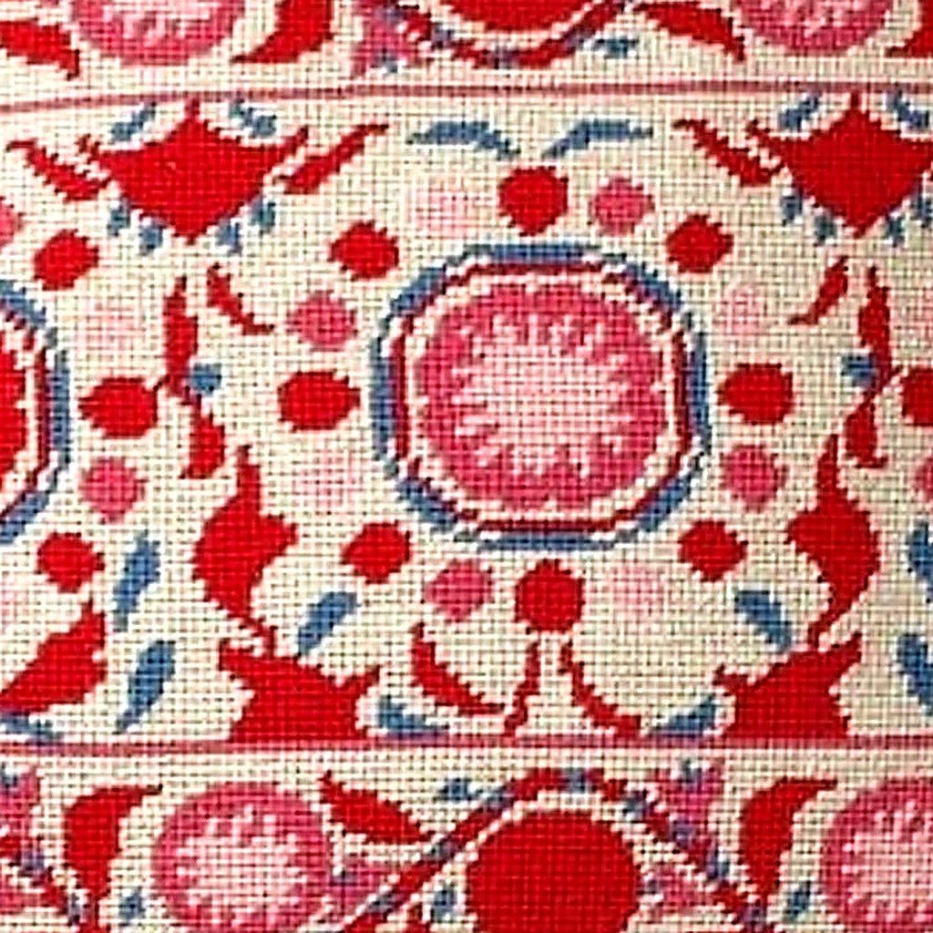 Closeup of Red Pattern Artistic Designer needlepoint throw pillow highlighting hand-stitched wool craftsmanship and fabric detail