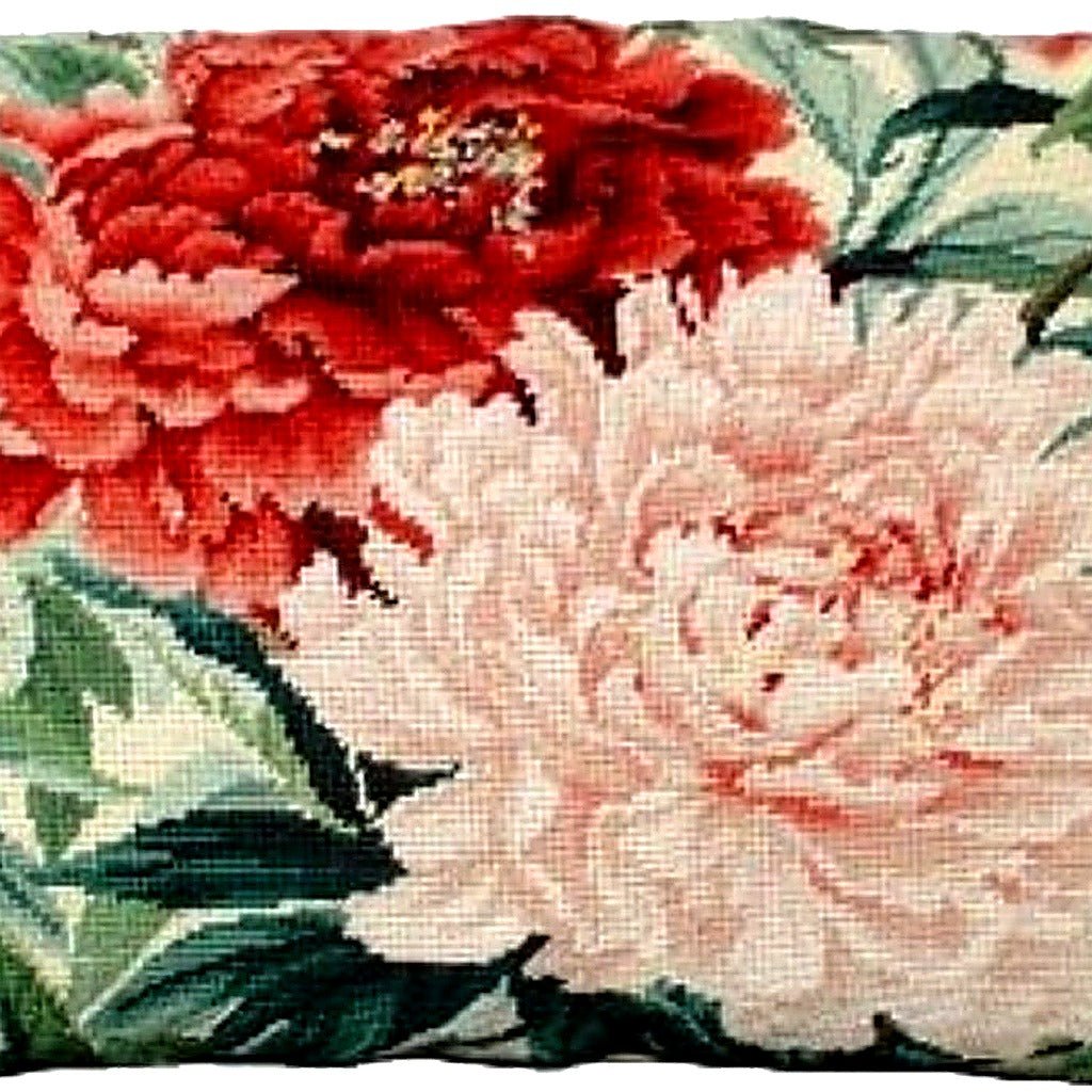 Hand-stitched wool detail of Red Pink Double Peonies needlepoint pillow showing intricate weave pattern and texture