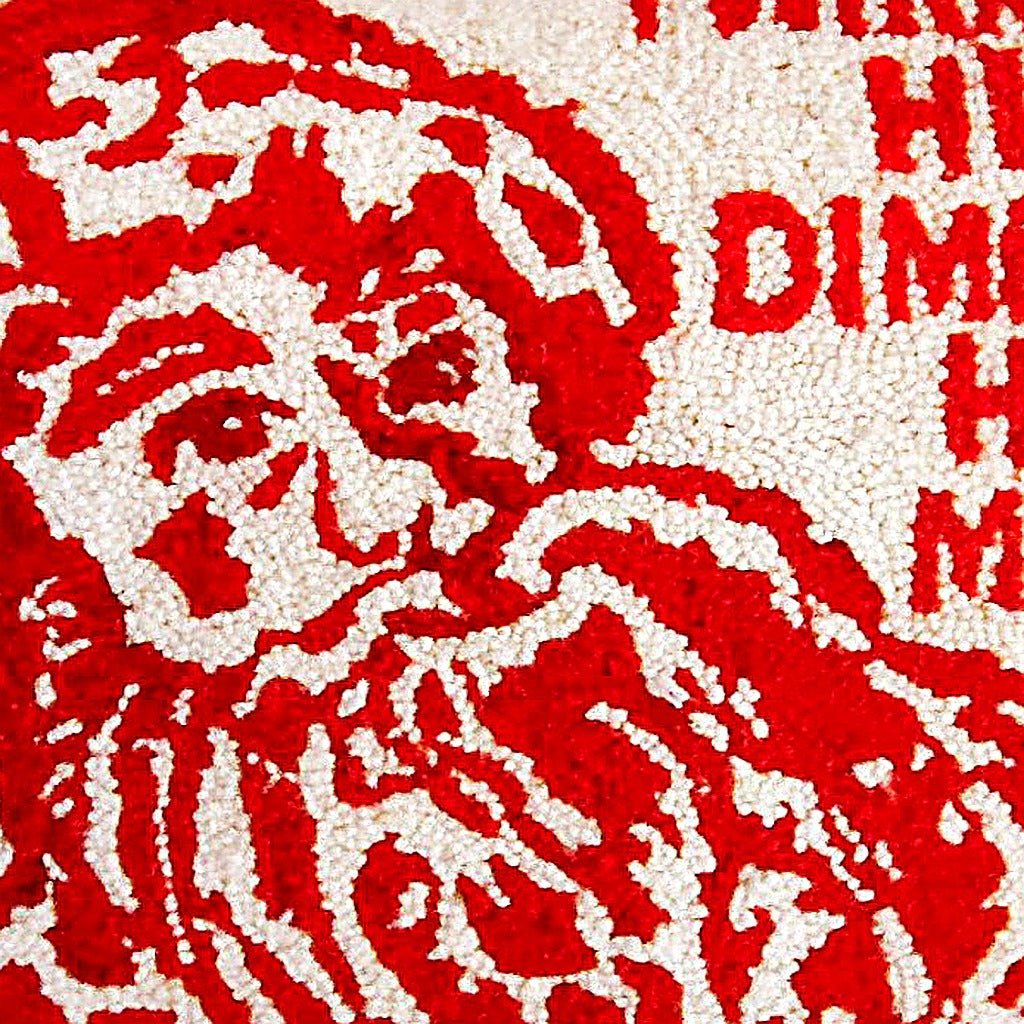 Closeup of Red Twinkle Santa Wool Hooked Holiday needlepoint throw pillow highlighting hand-stitched wool craftsmanship and fabric detail