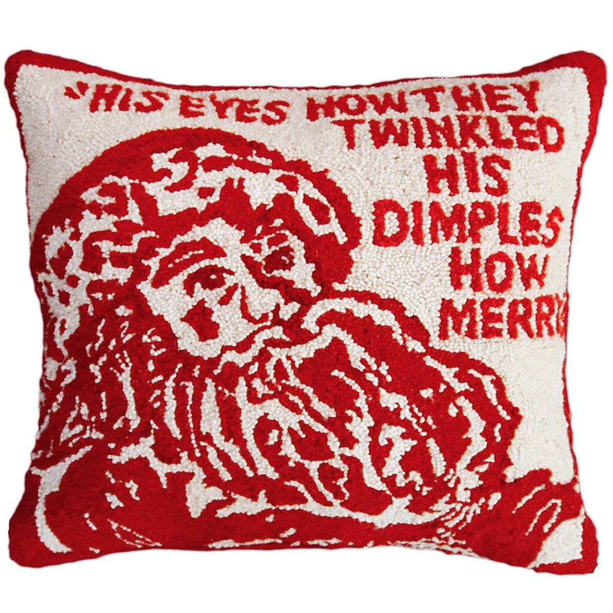 Red Twinkle Santa hooked wool throw pillow with festive holiday seasonal design