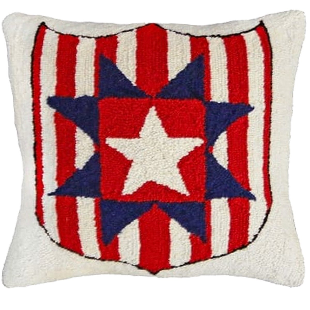 Red White Blue America hooked wool throw pillow with artisan decorative design