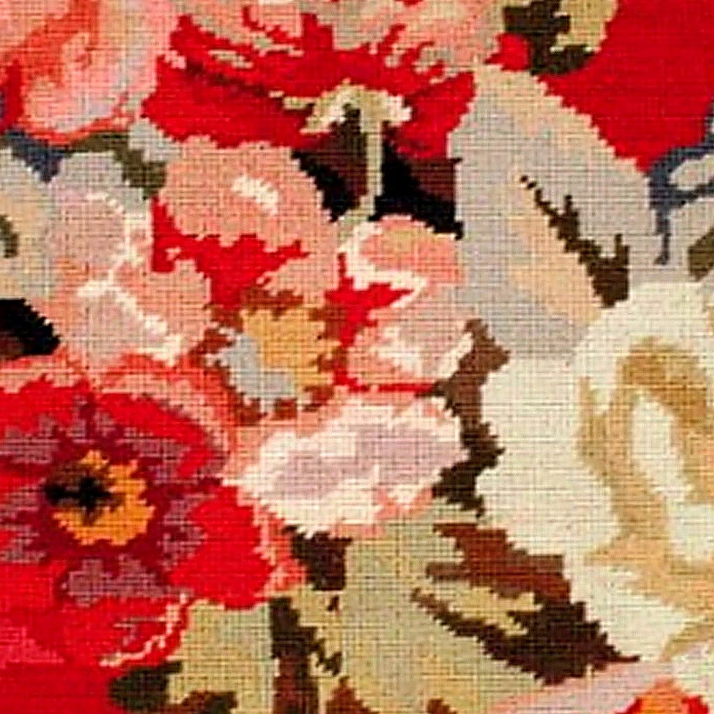 Hand-stitched wool detail of Red White Peonies Botanical needlepoint pillow showing intricate weave pattern and texture