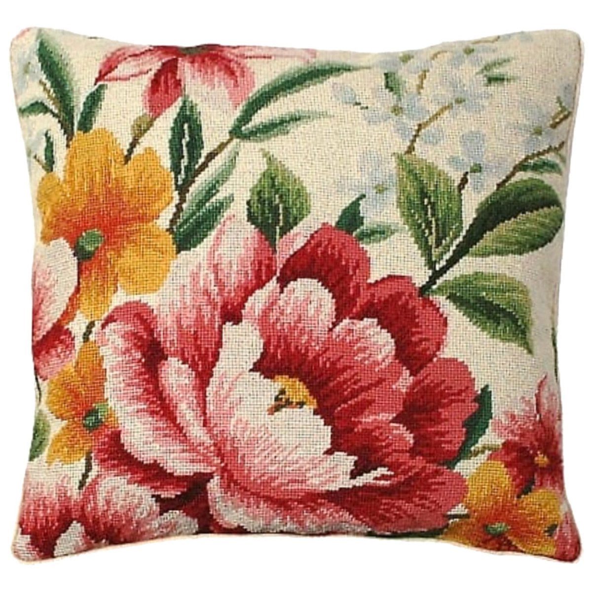 Red Yellow needlepoint throw pillow with botanical floral design