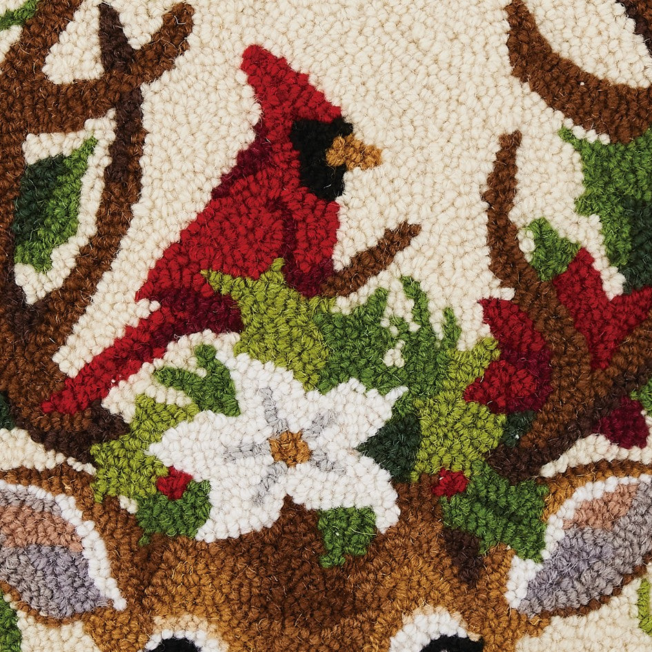 Reindeer and Cardinal Hooked Wool Christmas Throw Pillow, close-up detail
