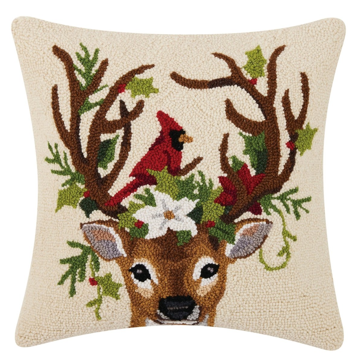Reindeer and Cardinal Hooked Wool Christmas Throw Pillow, 18x18 inch, front view