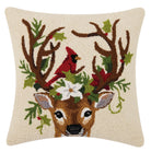 Reindeer and Cardinal Hooked Wool Christmas Throw Pillow, 18x18 inch, front view