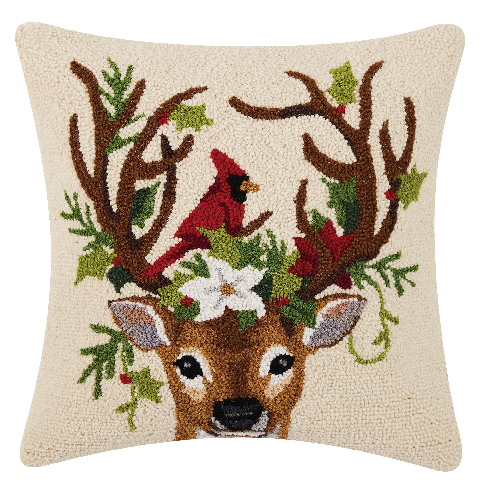 Reindeer and Cardinal Hooked Wool Christmas Throw Pillow, 18x18 inch, front view