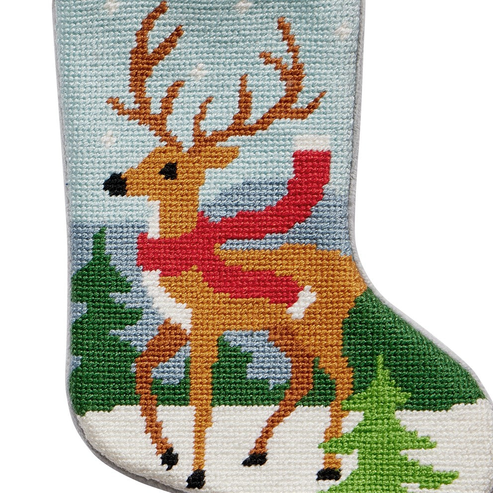 Reindeer Mini Embroidered Needlepoint Christmas Stocking, close-up detail