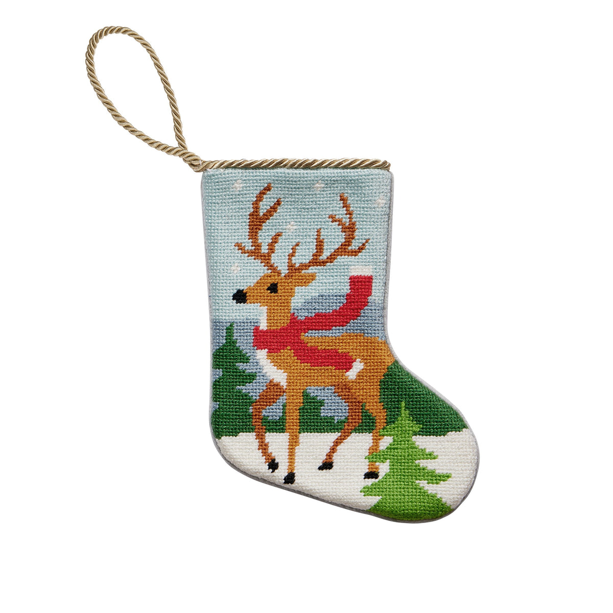 Reindeer Mini Embroidered Needlepoint Christmas Stocking, 6x4 inch, front view