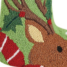 Closeup of Reindeer with Holly Hooked Wool Christmas Stocking showing stitch texture and craftsmanship detail