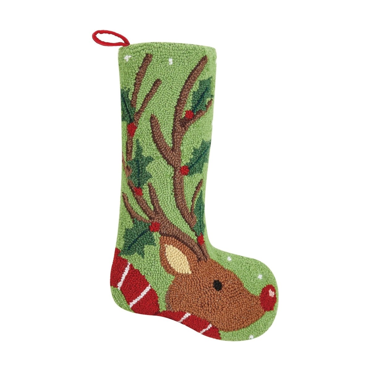 Reindeer with Holly Hooked Wool Christmas Stocking, 12x20 inch, front view
