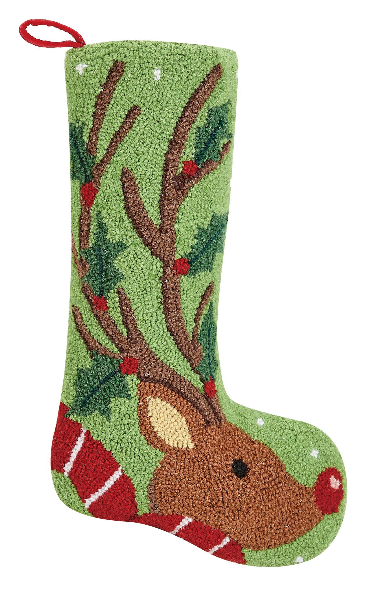Reindeer with Holly Hooked Wool Christmas Stocking, 12x20 inch, front view