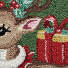 Reindeer with Present Hooked Wool Christmas Throw Pillow, close-up detail