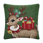 Reindeer with Present Hooked Wool Christmas Throw Pillow, 16x16 inch, front view