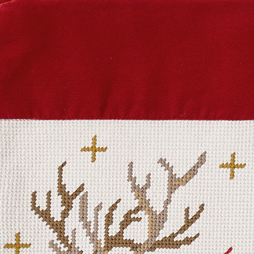 Closeup of Reindeer with Wreath Embroidered Needlepoint Christmas Stocking showing stitch texture and craftsmanship detail