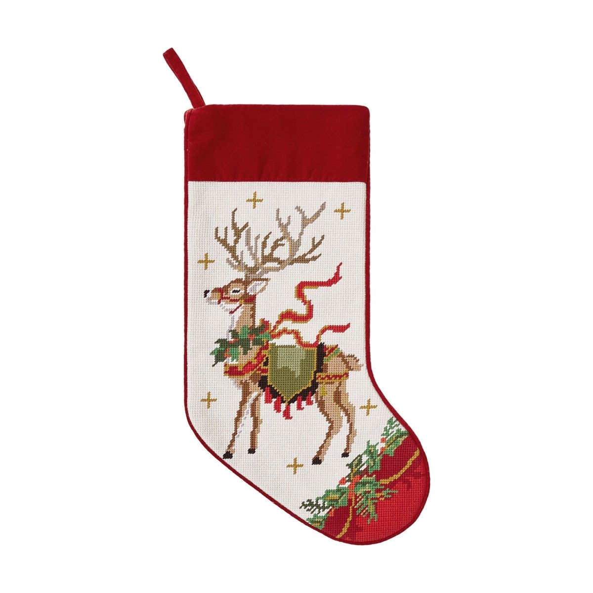 Reindeer with Wreath Embroidered Needlepoint Christmas Stocking, 11x18 inch, front view