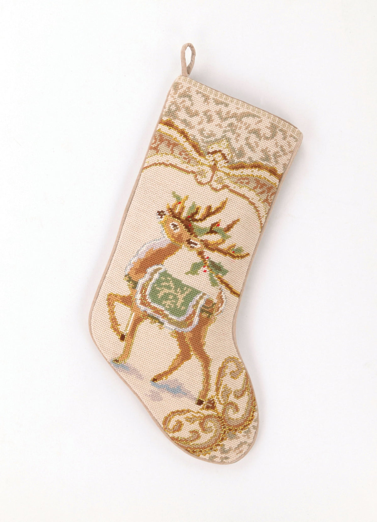 Reindeer Wool Needlepoint Christmas Stocking, 11x18 inch, front view