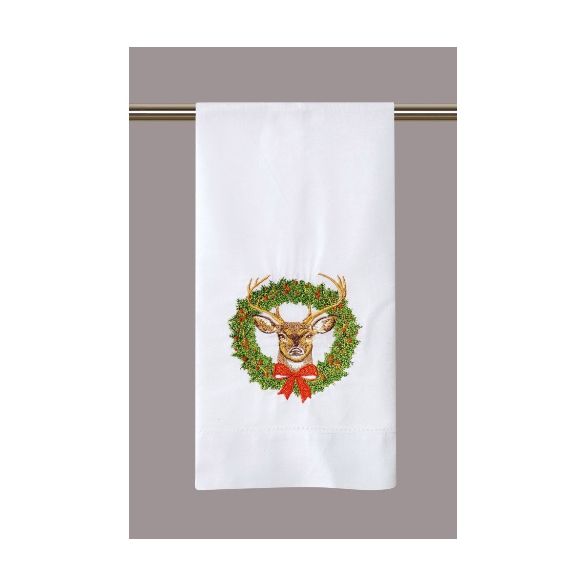 Reindeer Wreath Embroidered Christmas Guest Towel, 14x22 inch, front view