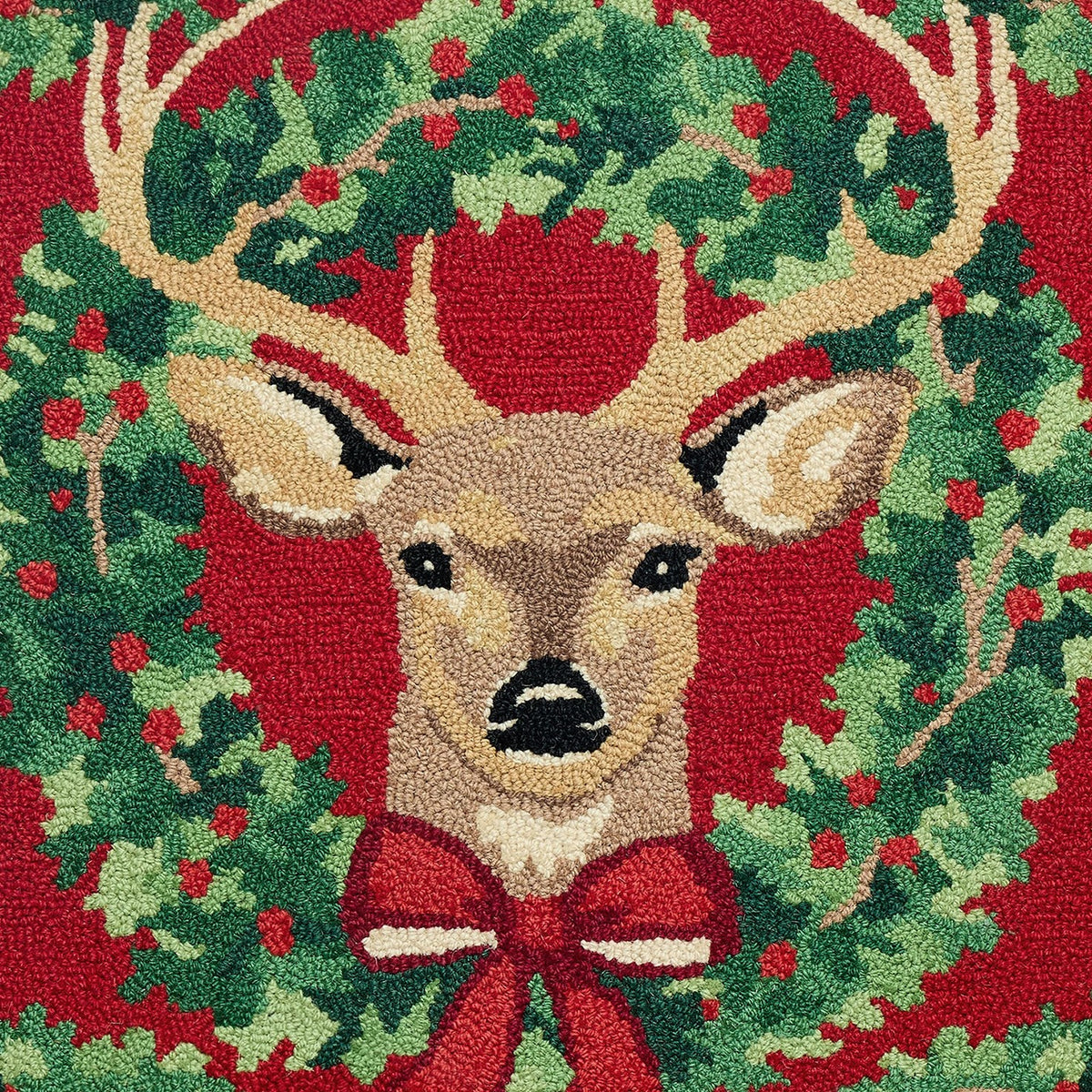 Reindeer Wreath Hooked Wool Christmas Rug, close-up detail