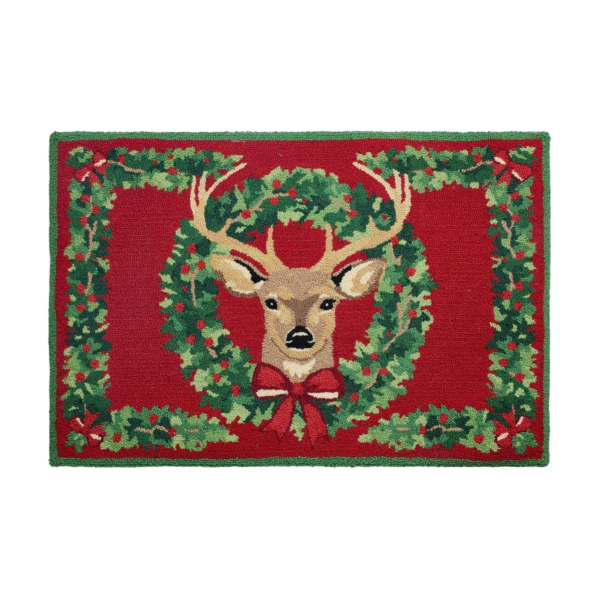 Reindeer Wreath Hooked Wool Christmas Rug, 2x3 feet, front view