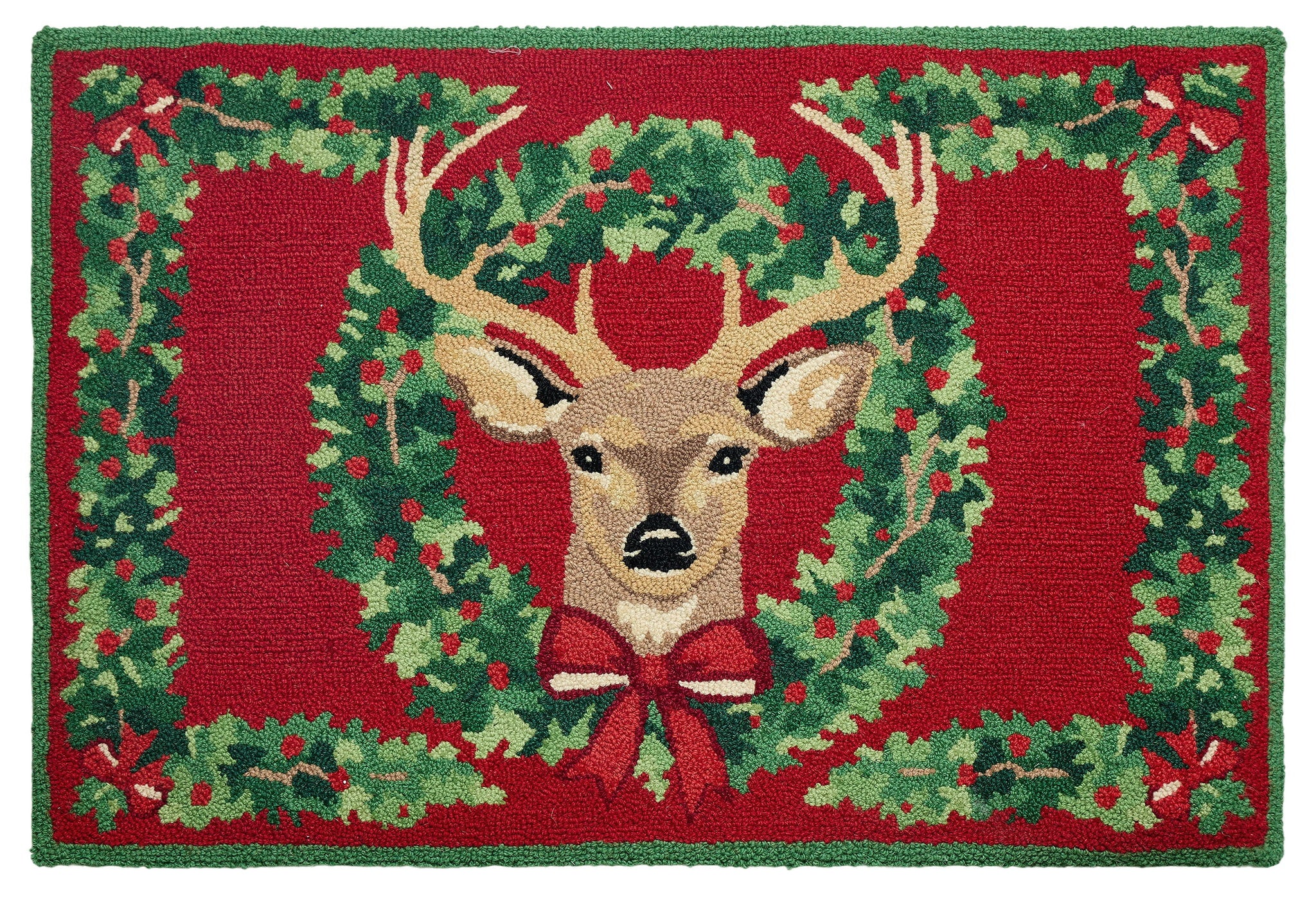 Reindeer Wreath Hooked Wool Christmas Rug, 2x3 feet, front view