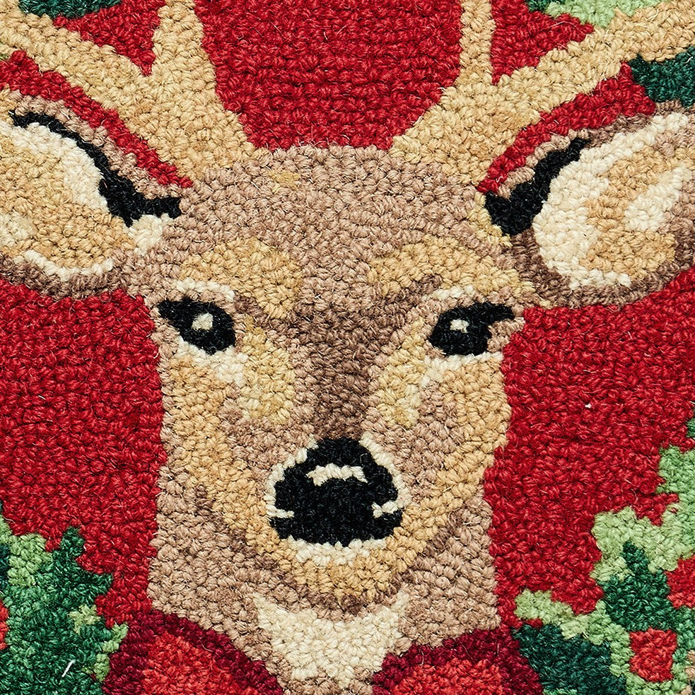 Reindeer Wreath Hooked Wool Christmas Throw Pillow, close-up detail