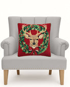 Reindeer Wreath Hooked Wool Christmas Throw Pillow on an armchair, showing the throw pillow at room scale, 18x18 inch