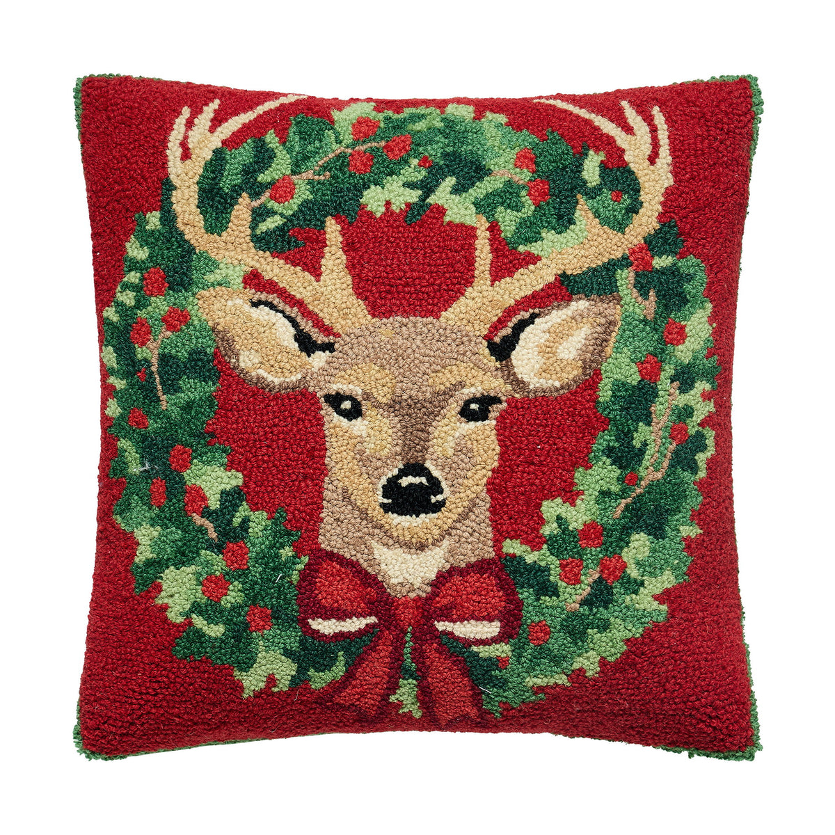 Reindeer Wreath Hooked Wool Christmas Throw Pillow, 18x18 inch, front view