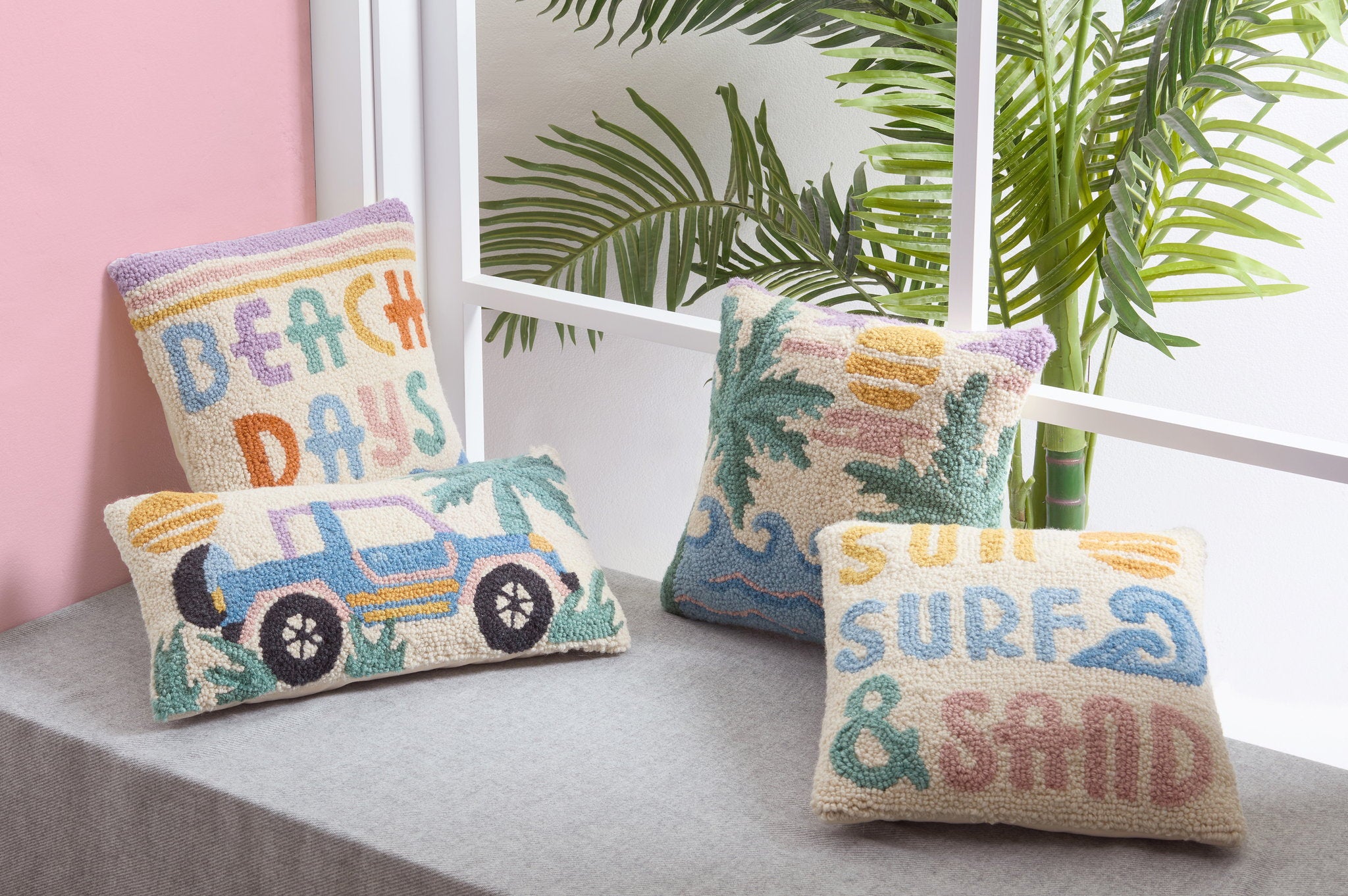 Retro Jeep Hooked Wool Throw Pillow shown alongside other designs in the same collection, 9x16 inch