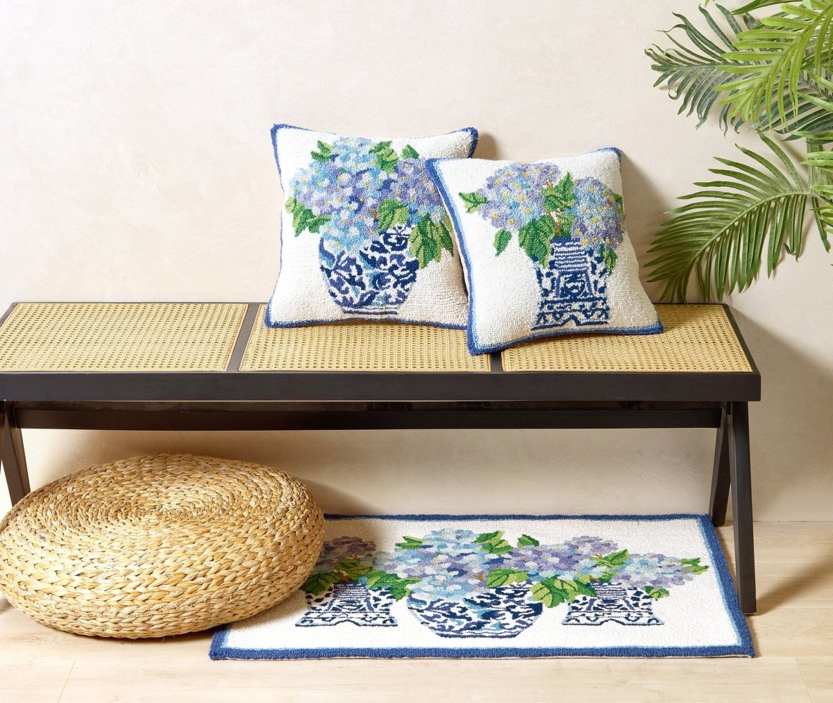 Rhapsody in Blue I Hooked Wool Throw Pillow shown alongside other designs in the same collection, 16x16 inch