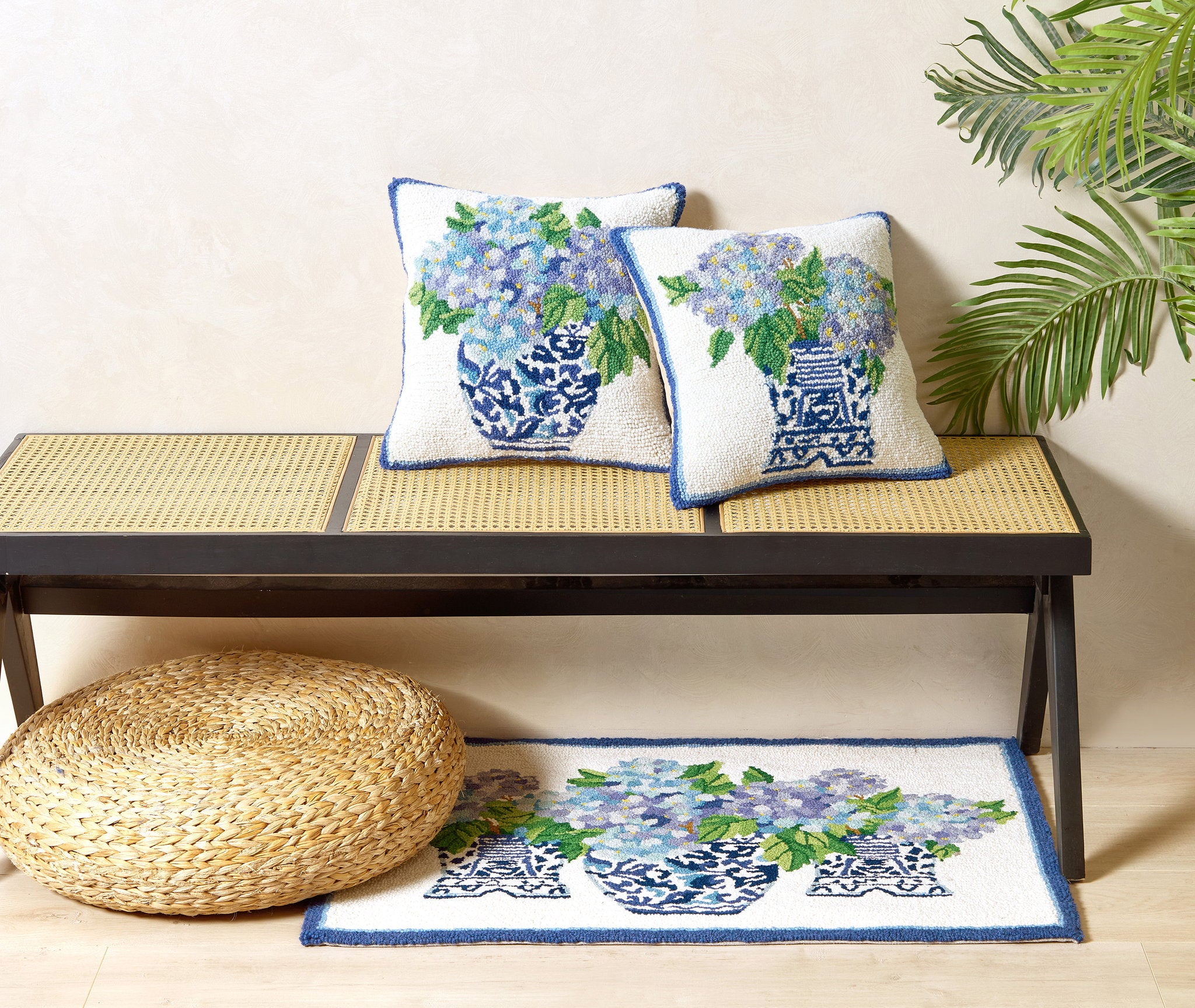 Rhapsody in Blue II Hooked Wool Throw Pillow shown alongside other designs in the same collection, 16x16 inch