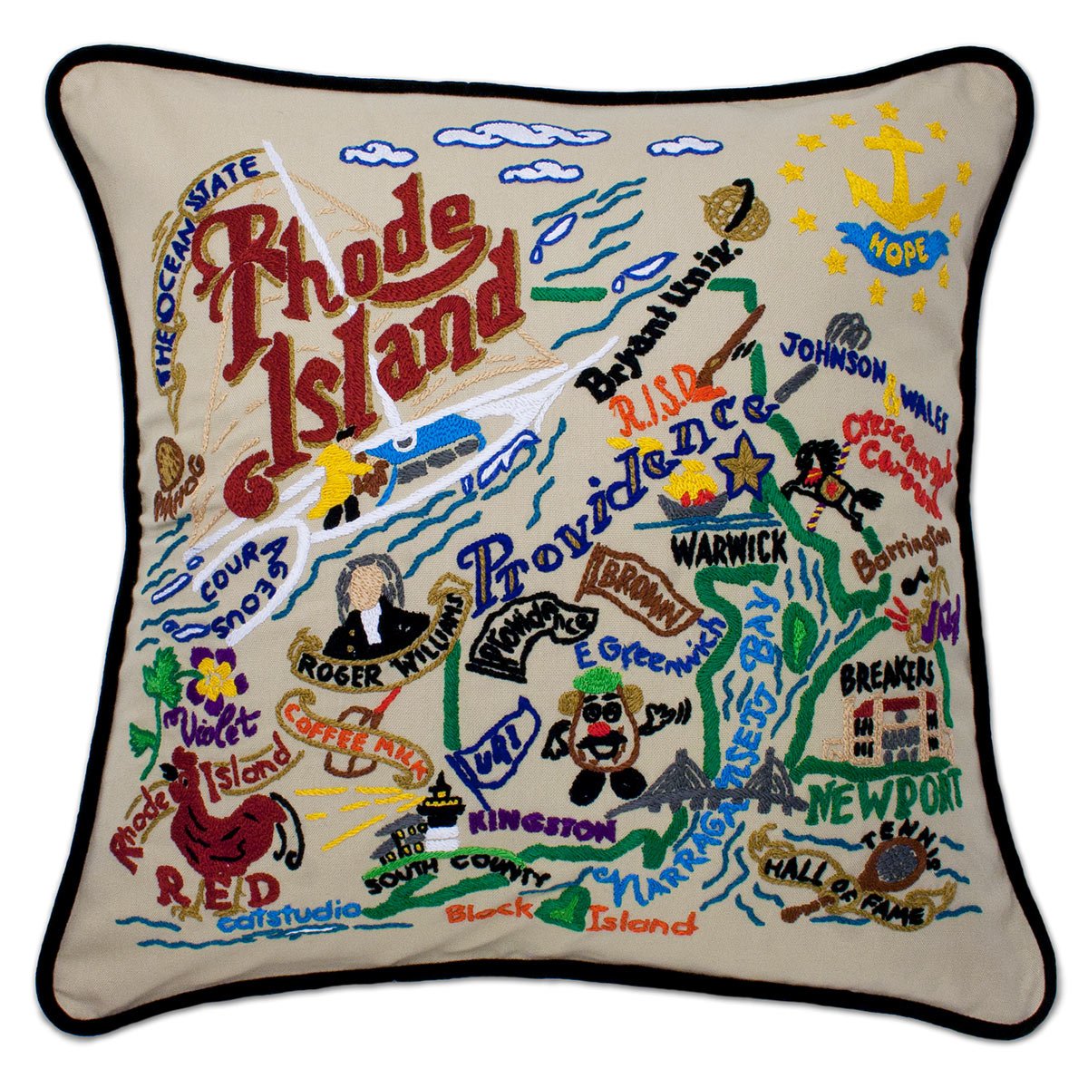 Rhode Island State Ocean hand-embroidered throw pillow showcasing iconic landmarks