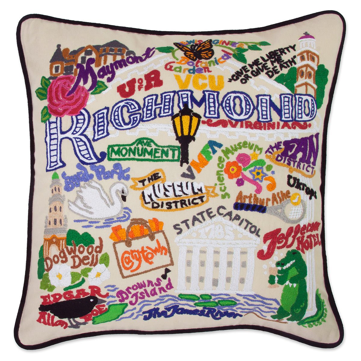 Richmond, VA History City hand-embroidered throw pillow showcasing iconic landmarks