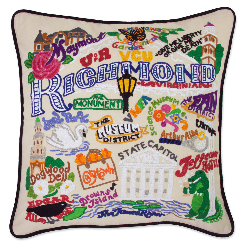 Richmond, VA History City embroidered throw pillow with historic landmarks.