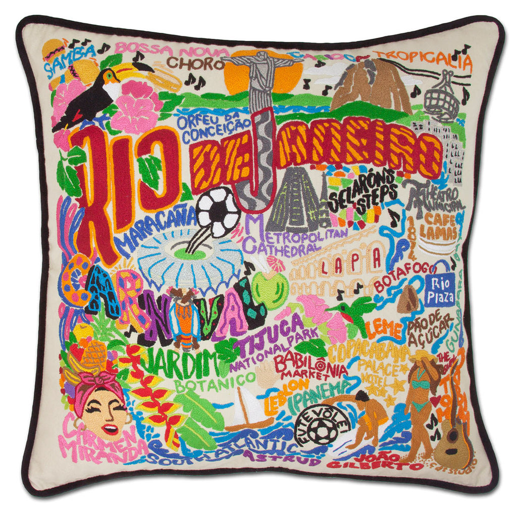 Rio De Janeiro Carnival Celebration embroidered throw pillow with carnival imagery.