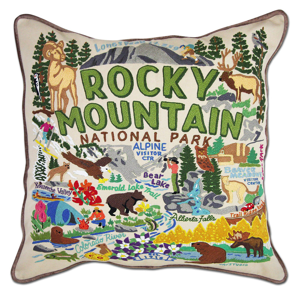 Rocky Mountain Alpine Glory Outdoor embroidered throw pillow with mountain peaks.