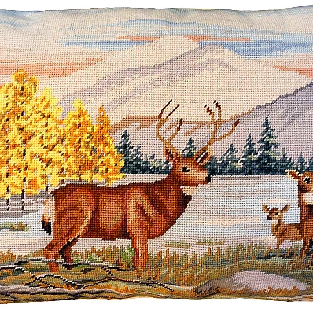 Closeup of Rocky Mountain Autumn Deer needlepoint throw pillow highlighting hand-stitched wool craftsmanship and fabric detail