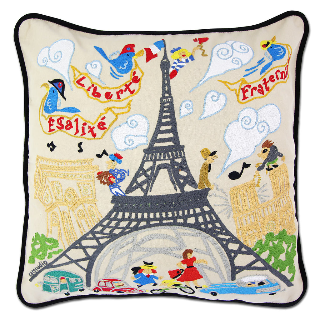 Romantic Eiffel Tower Paris embroidered throw pillow with Eiffel Tower.