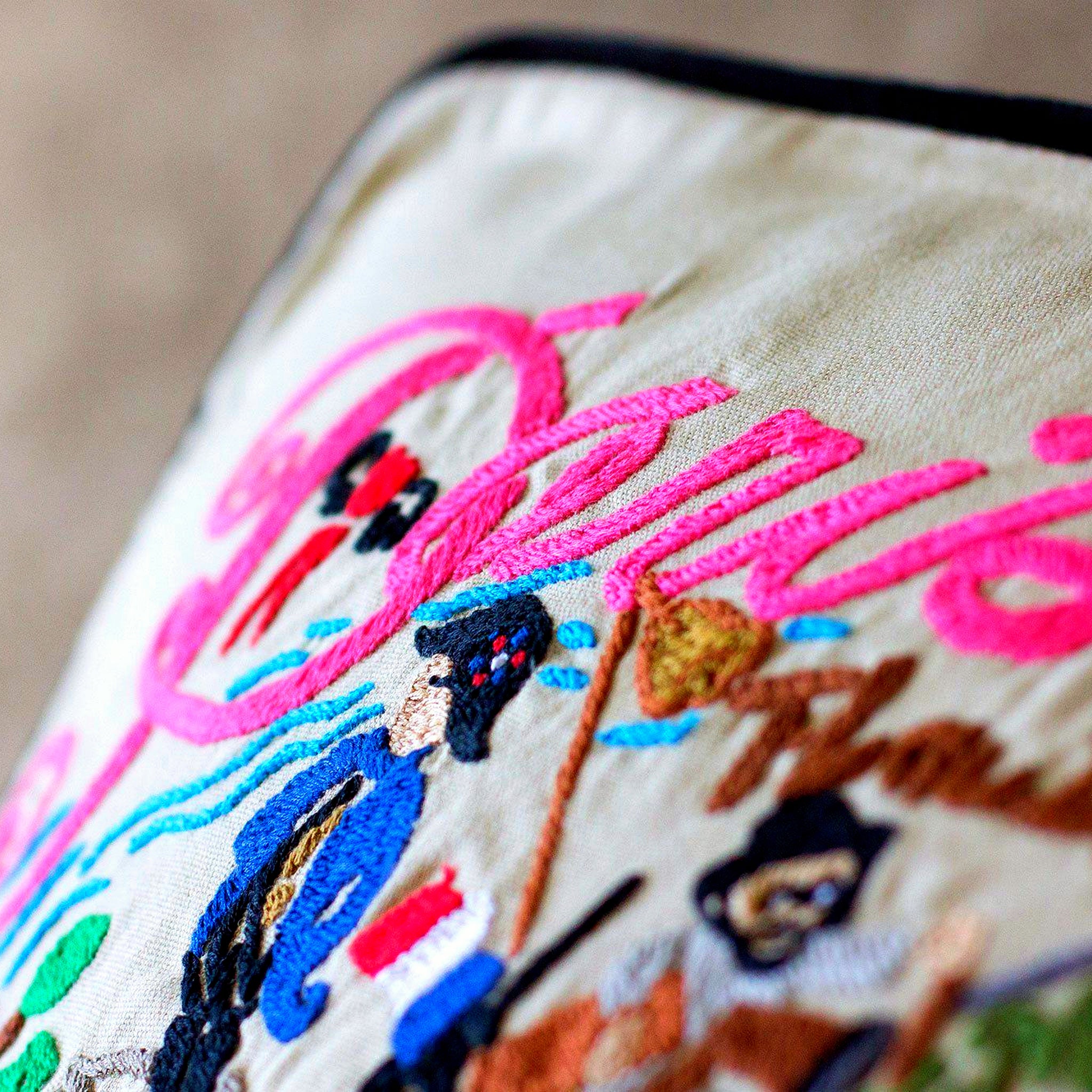 Romantic Paris Love City Travel Embroidered Throw Pillow - close-up detail of hand-embroidered needlepoint stitching