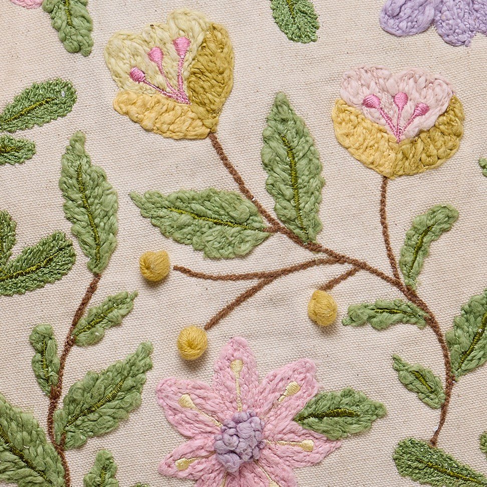 Round Floral Embroidered Throw Pillow, close-up detail