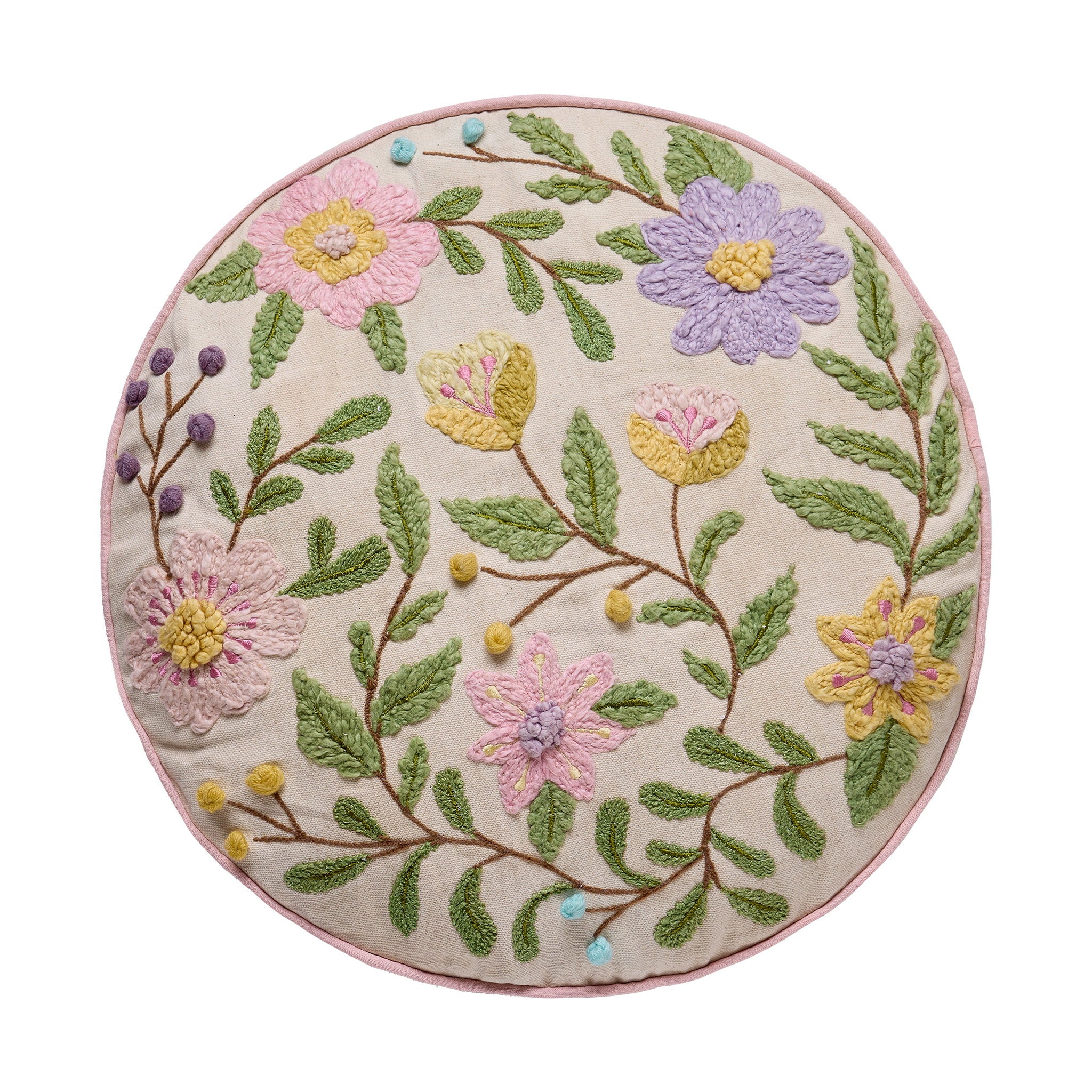 Round Floral Embroidered Throw Pillow, 16x16 inch, front view