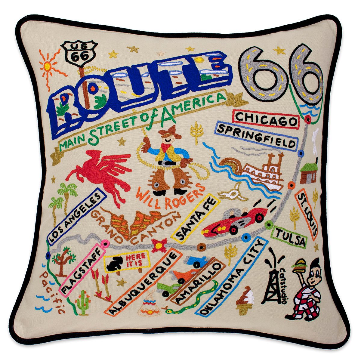 Route 66 Historic Road hand-embroidered throw pillow showcasing iconic landmarks