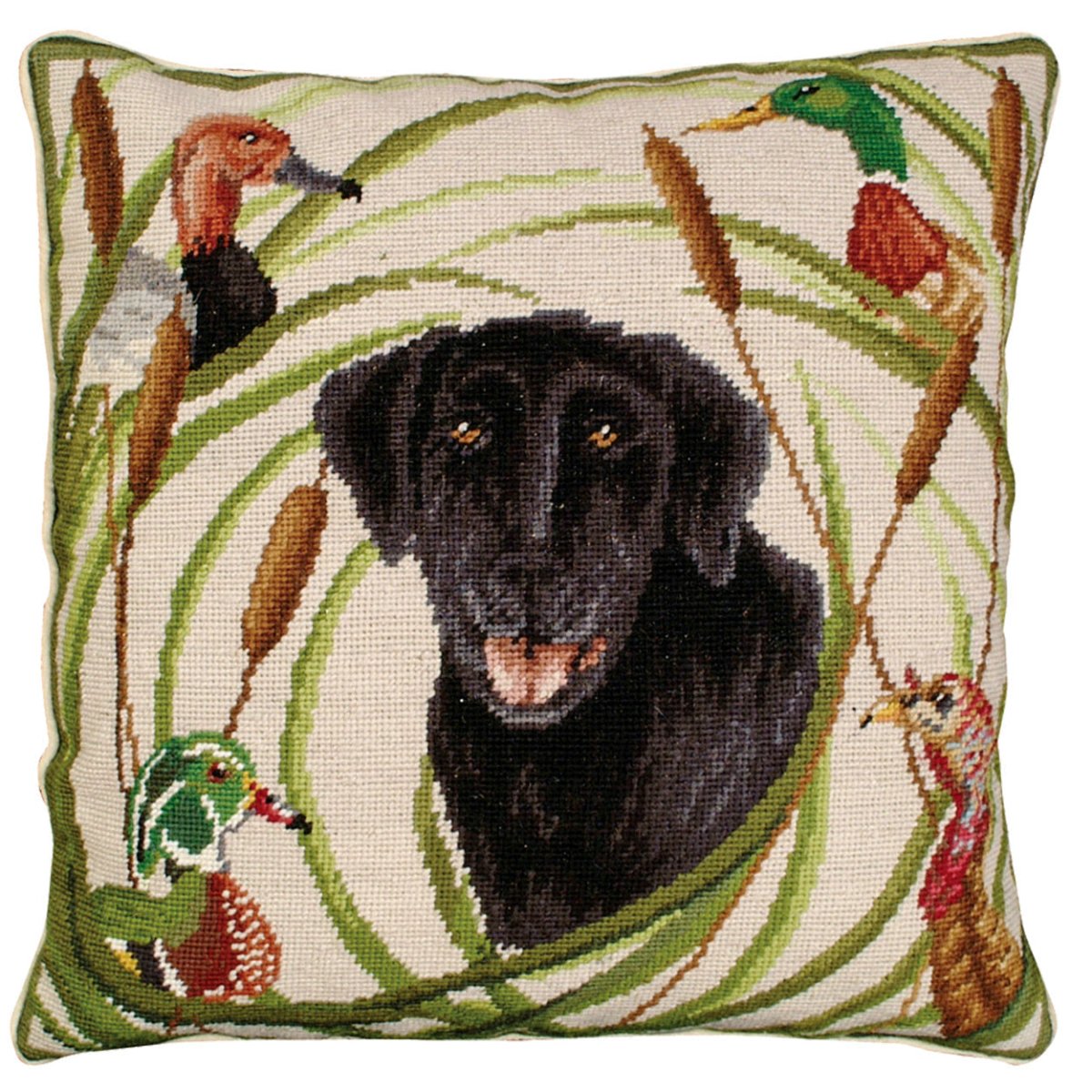 Black Lab Dog With needlepoint throw pillow with rustic lodge-style design