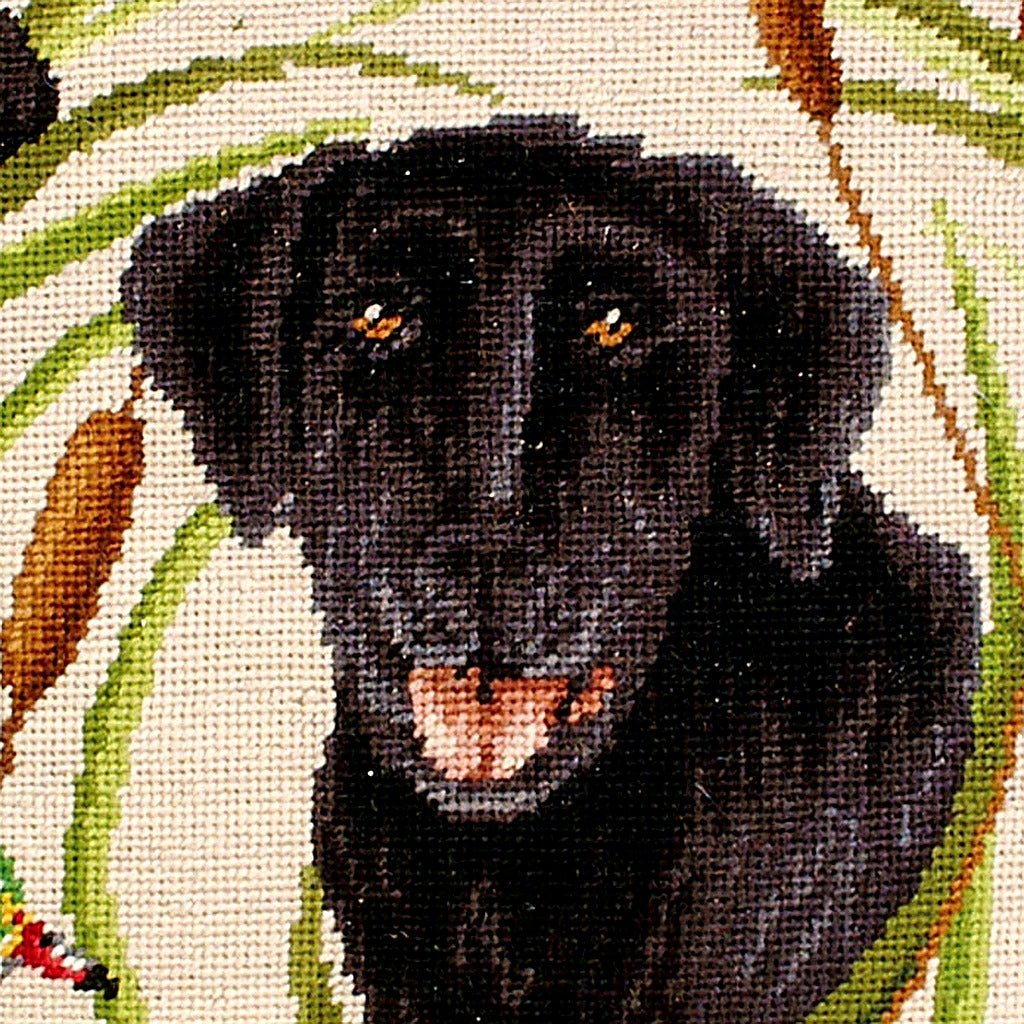 Rustic Black Lab Dog With Ducks pillow fabric closeup showing hand-embroidered needlepoint wool texture and color detail