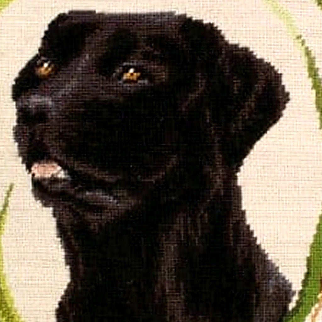 Rustic Black Labrador Dog Lodge pillow fabric closeup showing hand-embroidered needlepoint wool texture and color detail